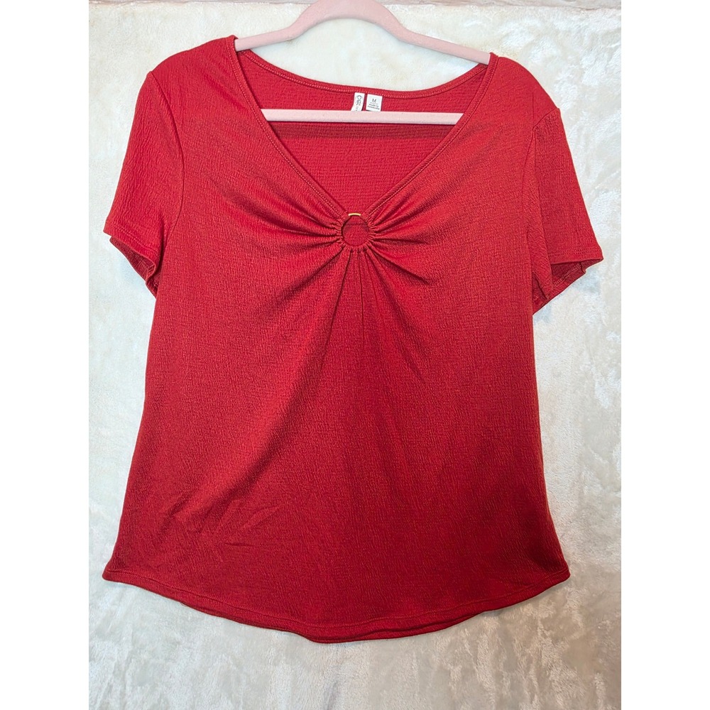 Cato‎ Red Textured V-Neck Ring Detail Short Sleeve Top Blouse Womens Medium